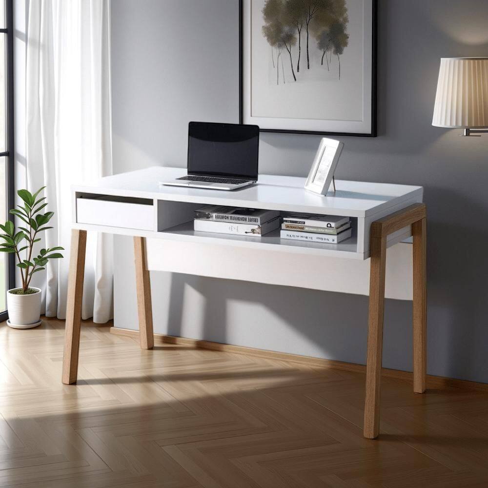 Mordern 47.25 in. Rectangular White and Brown Wood 1-Drawer Writing Desk with Open Shelf