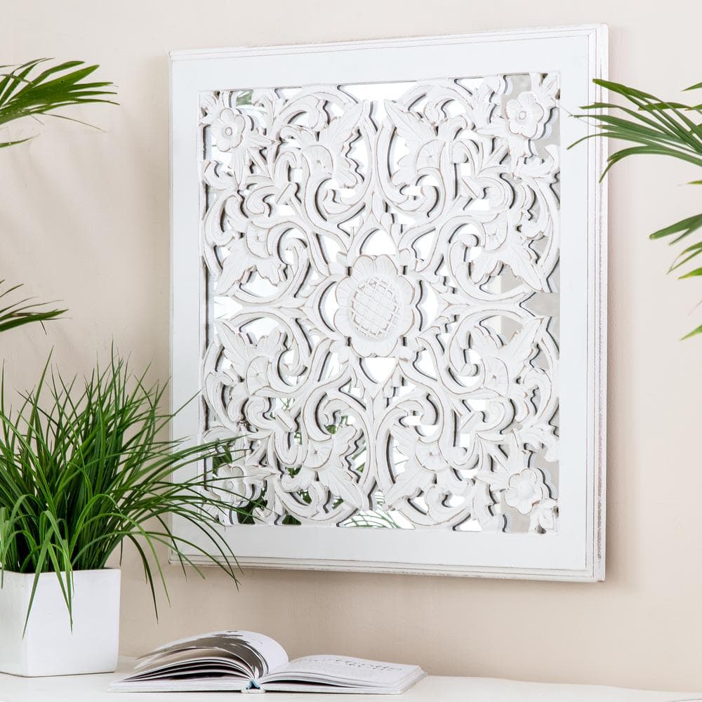 Maia White Carved Floral Medallion Square Wall Mirror