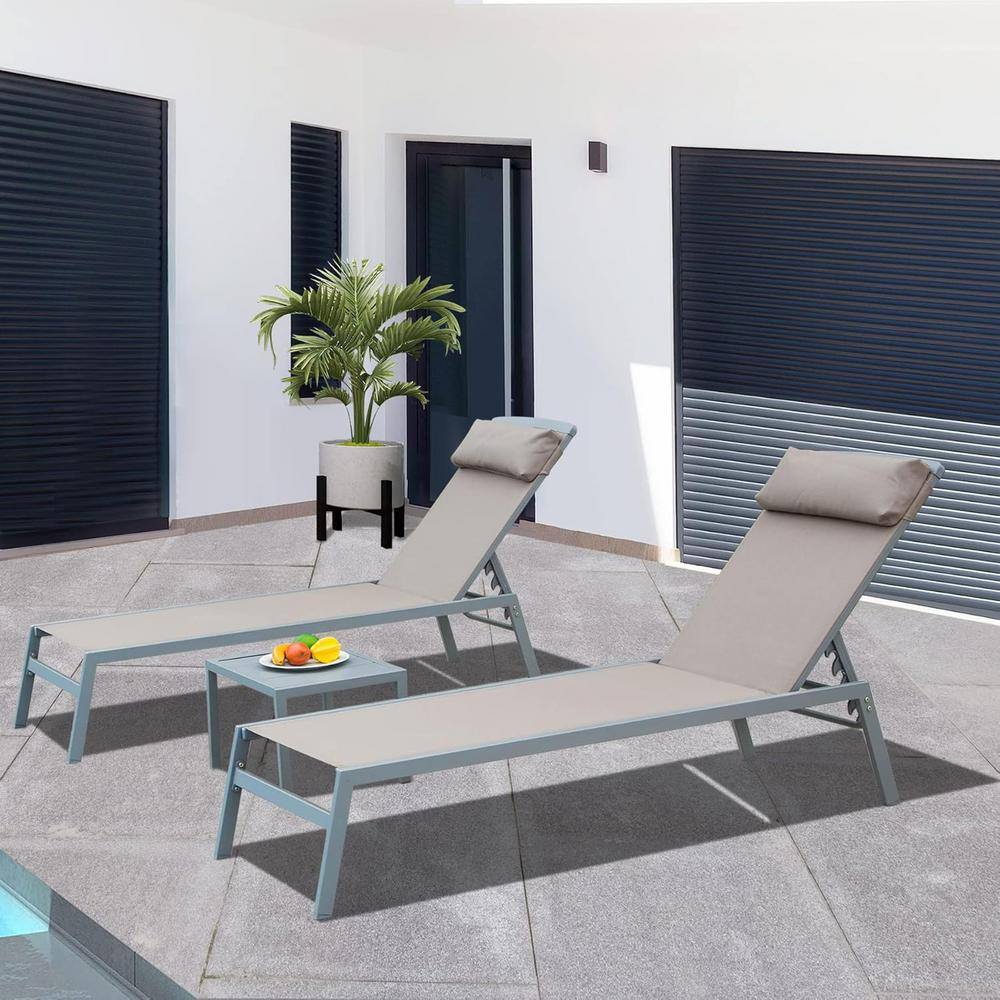 Patio Chaise Lounge (Set of 3) Aluminum Metal Outdoor Pool Lounge Chairs wi
