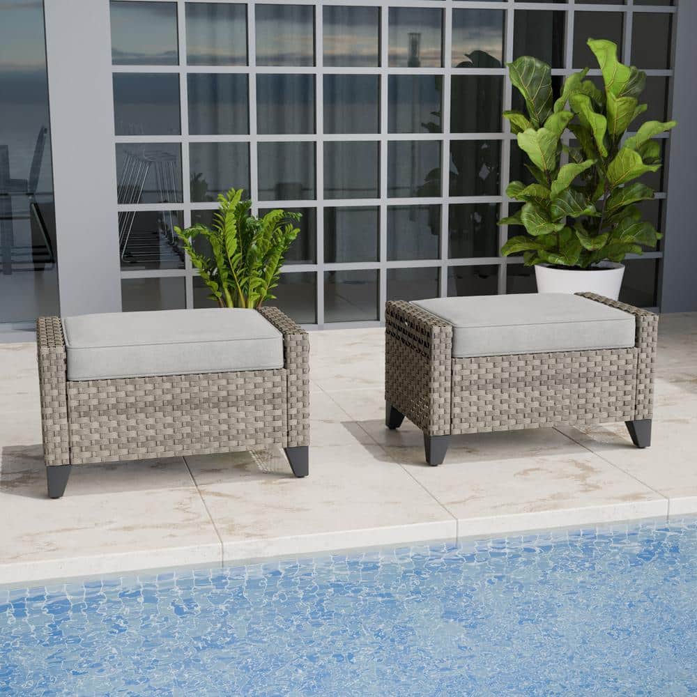 Wicker Outdoor Patio Ottoman with Gray Cushions (2 pack)