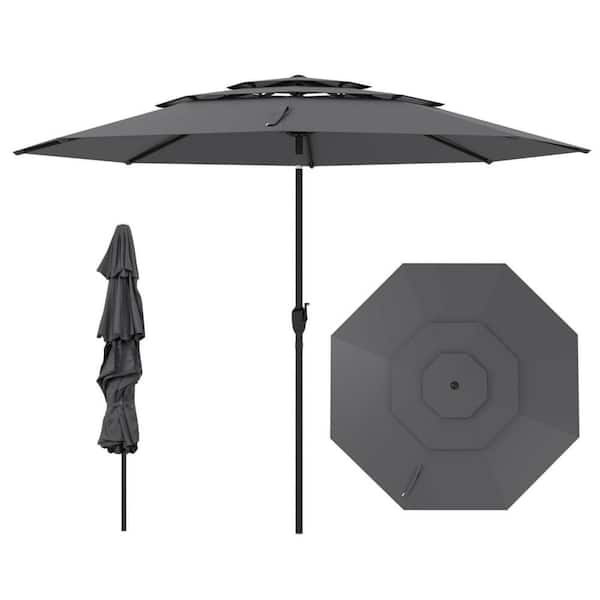 10 ft. Metal Market Tilt 3-tier Vented Patio Umbrella Large Table Umbrella Outdoor Sun Shade in Gray