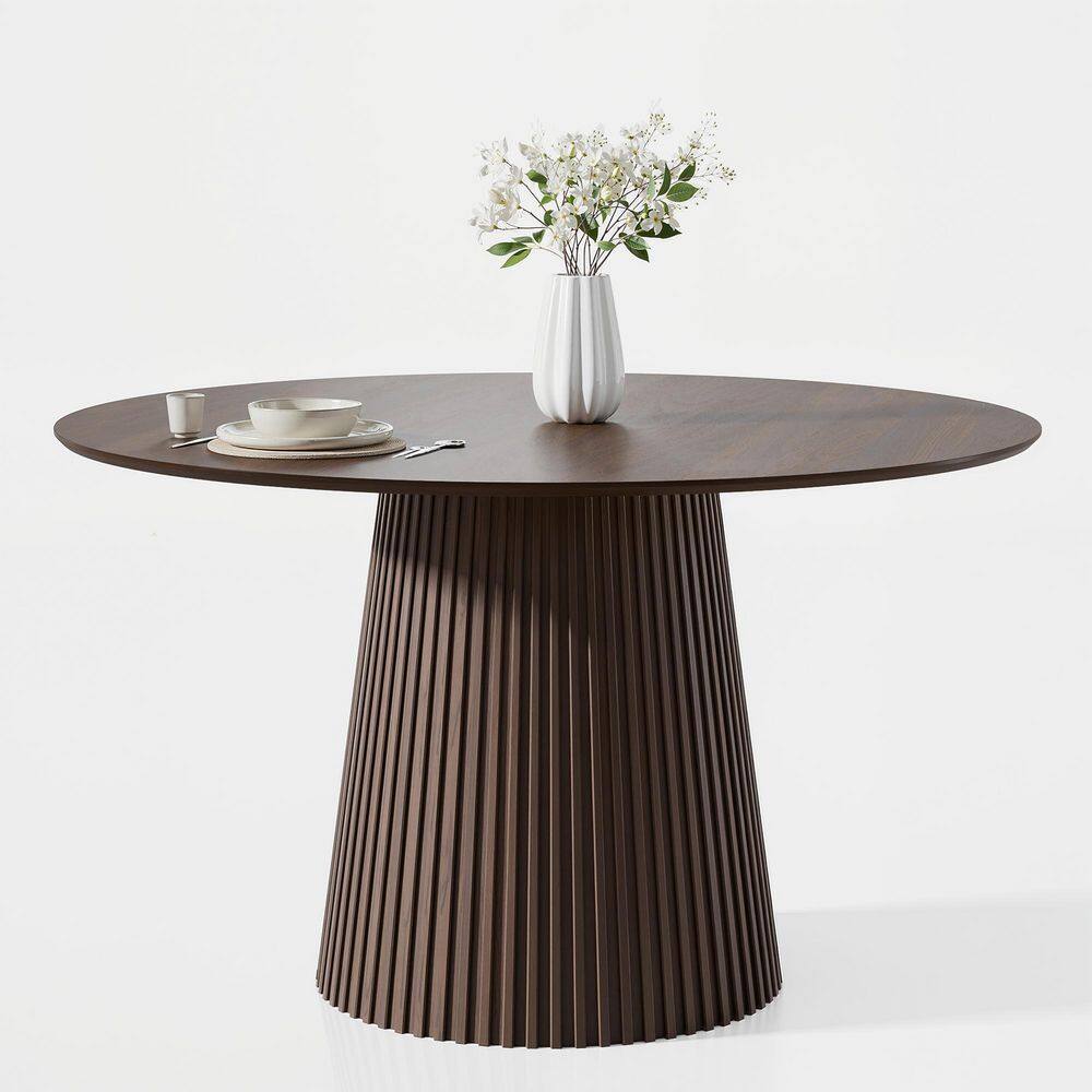 Modern Round Teak Wood Top Walnut Wood Color 46 in. Column Pedestal Base Dining Table Seats 4