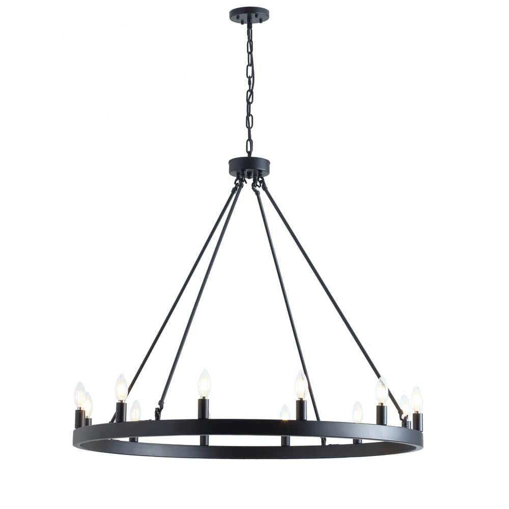 39 in. Modern 12-Light Black Candle Style Wagon Wheel Chandelier Industrial