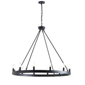 39 in. Modern 12-Light Black Candle Style Wagon Wheel Chandelier Industrial Rustic Ceiling Hanging Light