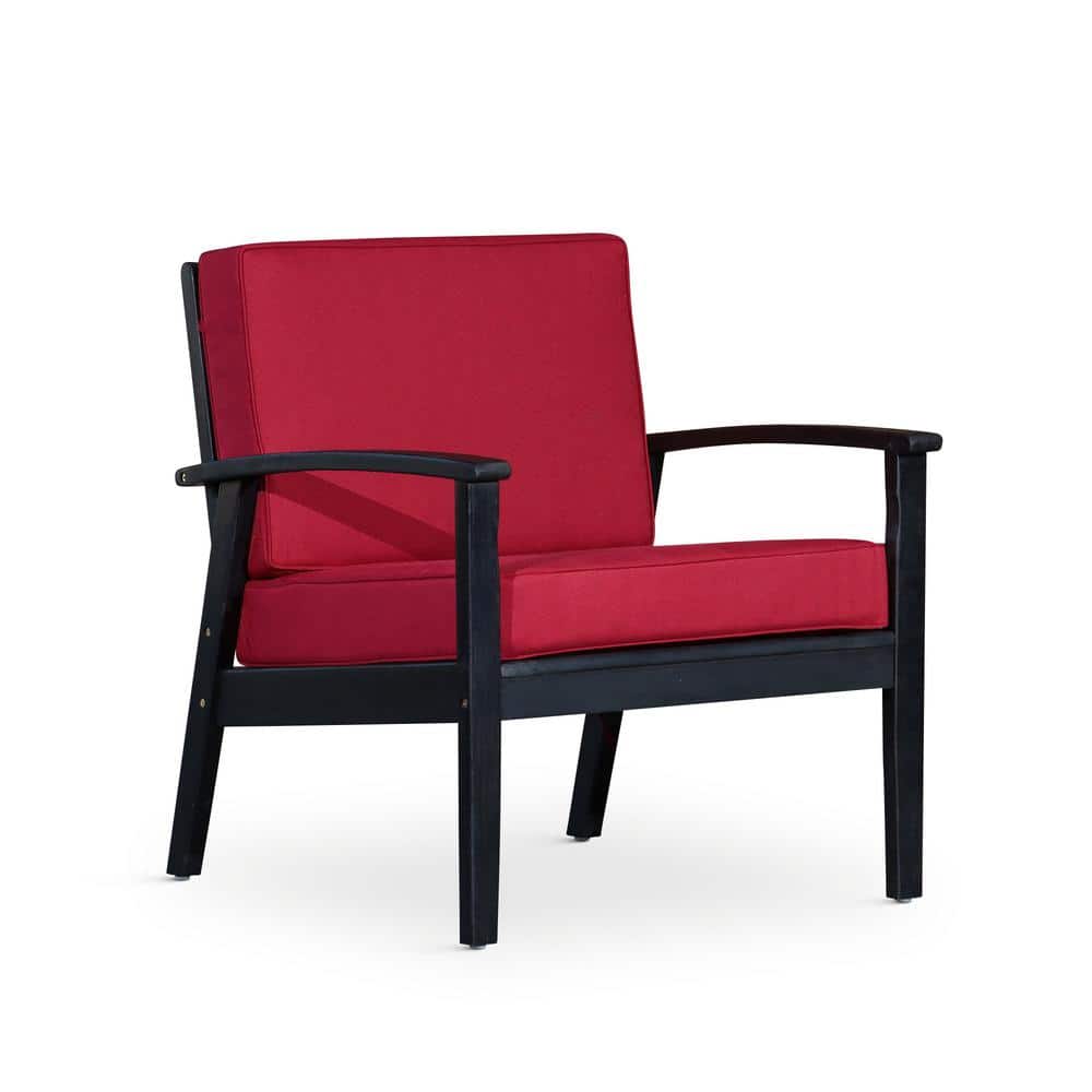 Espresso Deep Seat Eucalyptus Wood Outdoor Lounge Chair with Burgundy Cushi