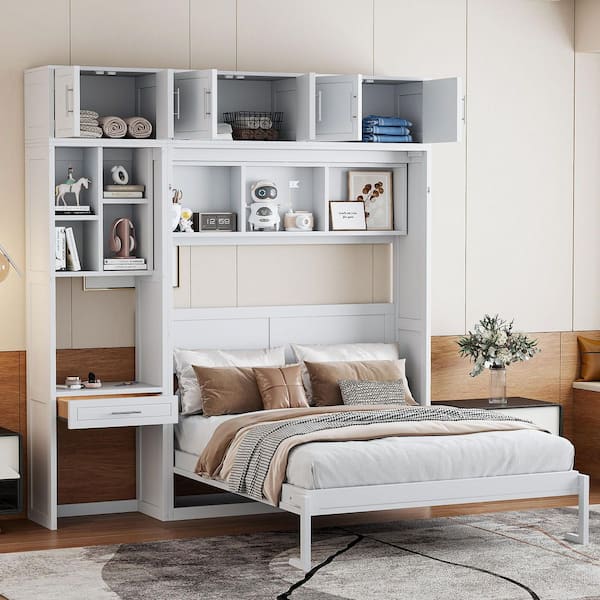White Wood Frame Queen Size Murphy Bed with Desk, Top Cabinet and Storage Shelves