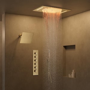 Aurora LED Bluetooth 5-Spray Ceiling Mount 23 in. and 15 in. Fixed Shower 10 in. Shower Handheld 2.5 GPM in Brushed Gold