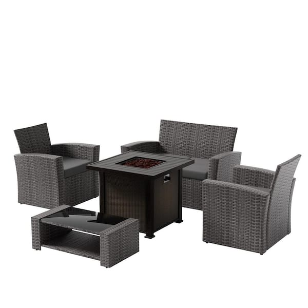 WESTIN OUTDOOR Valencia Gray 5-Piece Wicker Patio Fire Pit Conversation Set with Gray Cushions