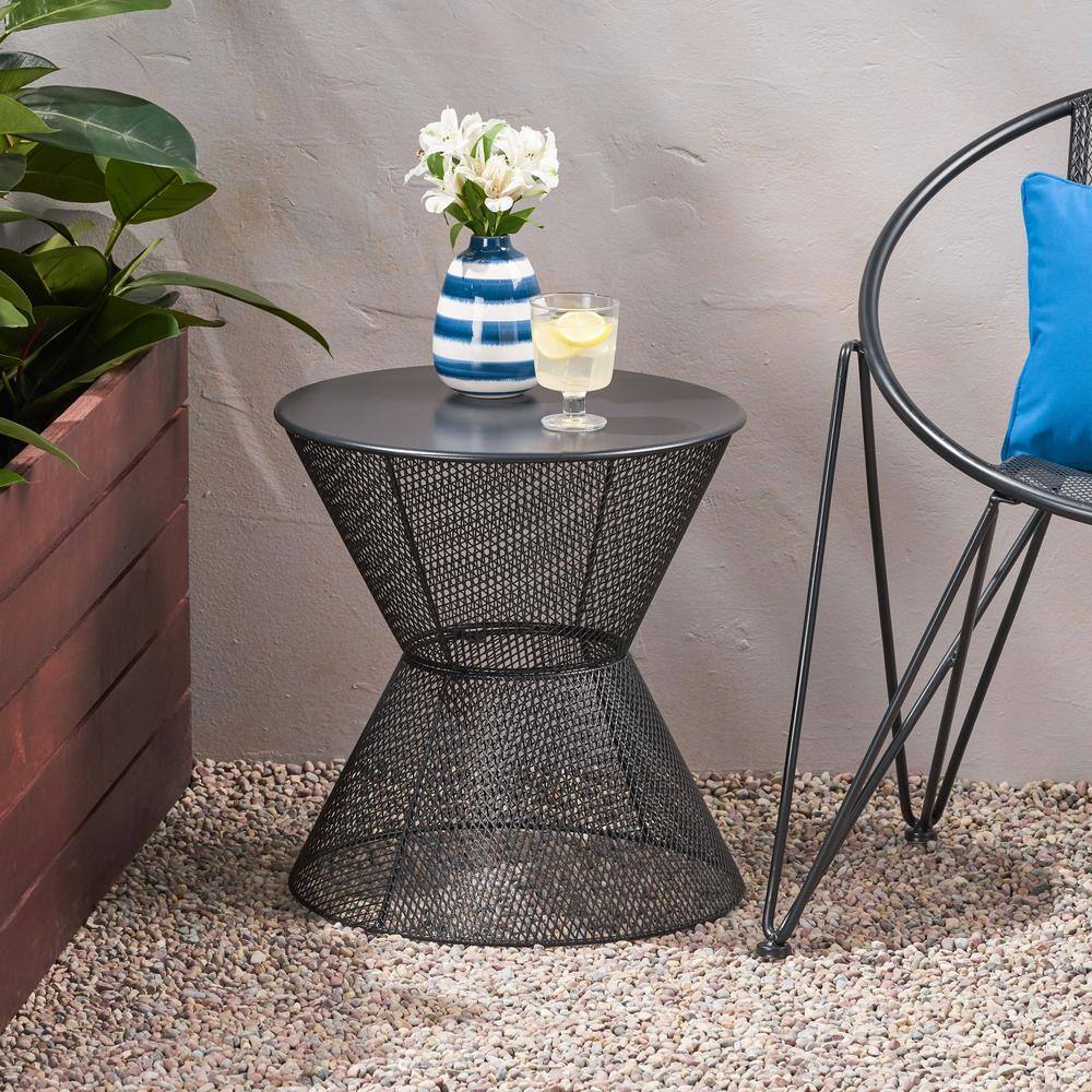 Matte Black Iron Hourglass Outdoor Accent Table, 17.75"