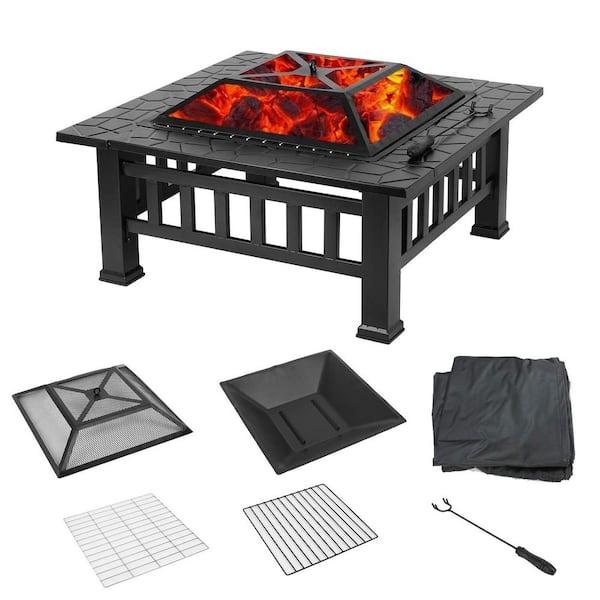 TIRAMISUBEST 32 in. W x 13.8 in. H Outdoor Iron Square Black Charcoal Fire Pit with Fire Poker and Cover