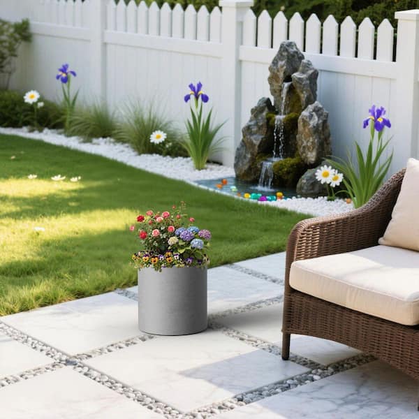 DurX-litecrete 10 in. Small Concrete Gray(Upgraded Interior)Cement Tall  Round Planter Pot Cylindrical Flower Planter with Drainage Hole  XRC119A-C05-N