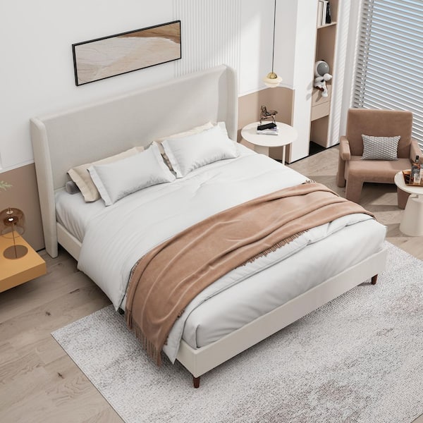 Tranlis Beige Wood Frame King Size Upholstered Chenille Platform Bed with High Headboard MDF Solid Wood Legs
