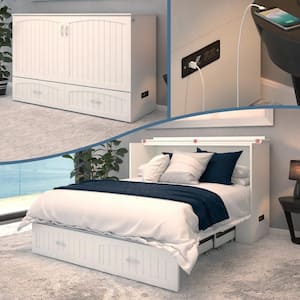 Southampton White Wood Frame Queen Murphy Bed Chest with 6 in. Mattress, Built-in Charging Station and Storage