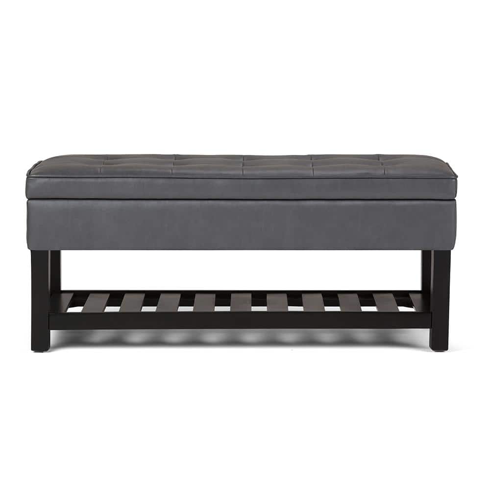 Stone Grey Tufted Faux Leather Storage Bench with Open Bottom