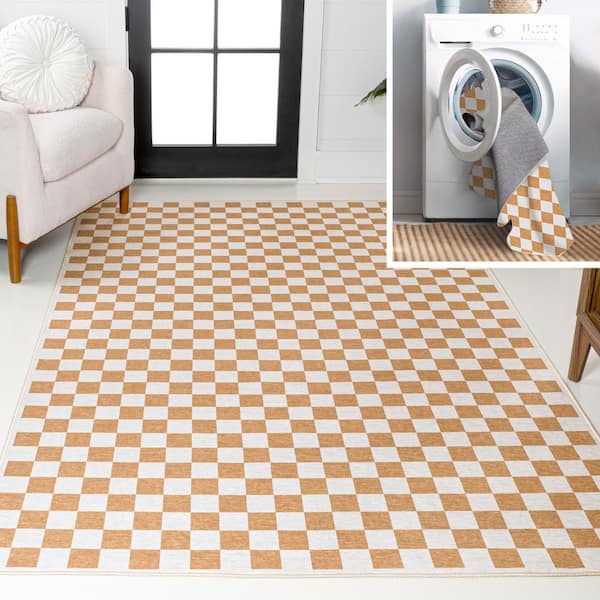 JONATHAN Y Ainsley Gold/Cream 8 ft. x 10 ft. Modern Cottage Checkerboard Washable Area Rug
