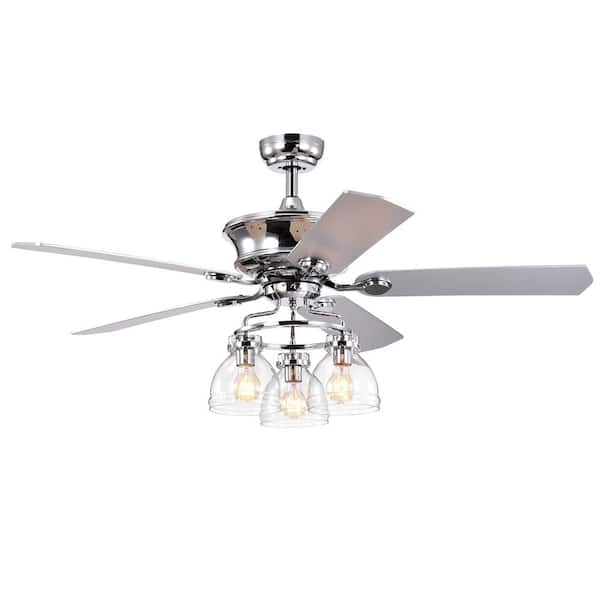 LINJO 52 in. Farmhouse Indoor/Outdoor Chrome Standard 3-Speeds Ceiling Fan with Light, Remote and Glass Shade