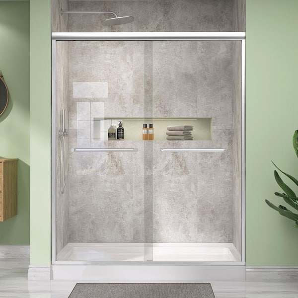 56 to 60 in. W x 72 in. H Double Sliding Shower Door in Brushed Nickel Bypass Frame Alcove Shower Door with Clear Glass