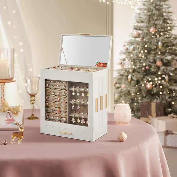 Cloud White 10.3 in. x 12.6 in. Polyurethane Jewelry Box with 3-Side Drawers