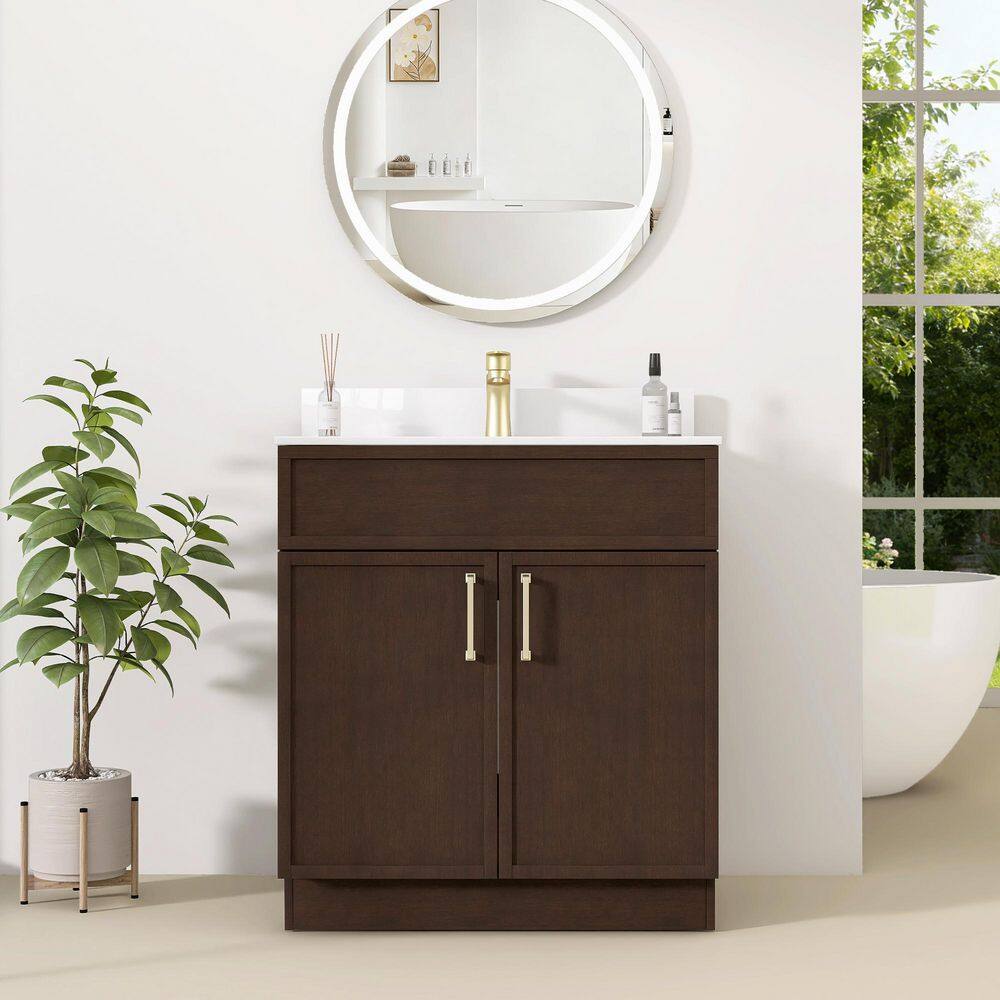 30.38 in. W x 22 in. D x 36.8 in. H Single Freestanding Dark Oak Bath Vanity with White Solid Surface Top Unassembled price history on PriceWatchPro