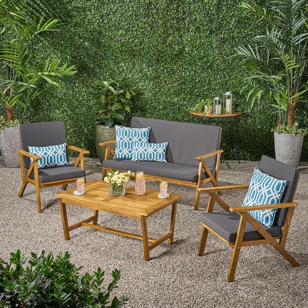 Unbranded Teak 4-Piece Patio Conversation Set with Gray Cushions
