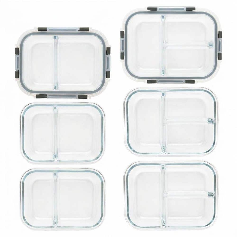 Glass Meal Prep Containers with Lids, 2 and 3 Compartment Airtight Food Storage, Microwave Safe, 6 Pack