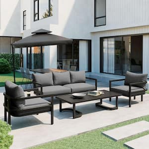 4-Piece Black Metal Outdoor Sectional Set with Gray Cushions and Coffee Table for Gardens and Lawns