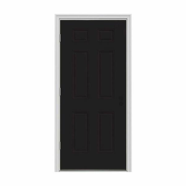 JELD-WEN 34 in. x 80 in. 6-Panel Black Painted Steel Prehung Right-Hand ...