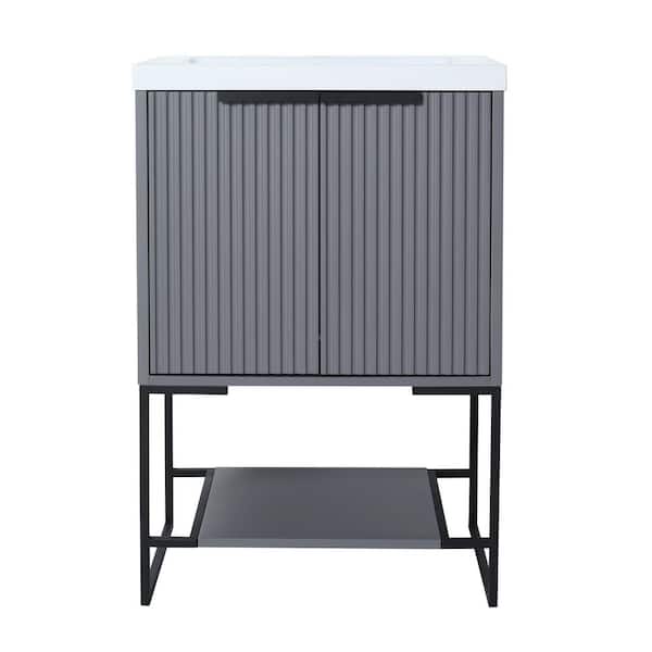 Logmey 24 in. W x 18 in. D x 35 in. H Bath Vanity in Rock Grey with White Resin Top