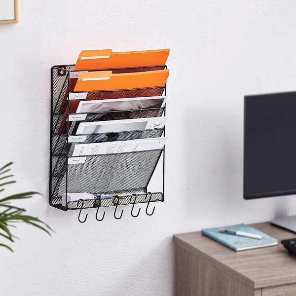 Hanging Wall Files Organizer, 1-Piece 6 Pockets Vertical Wall File Holder, Metal Wall Mounted Magazine