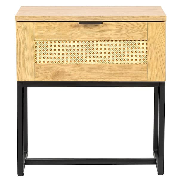 Utopia 4niture 19.7 in. W x 15.7 in. D x 21.7 in. H Amor Natural Wicker Nightstand with Black Metal Frame and 1-Drawer