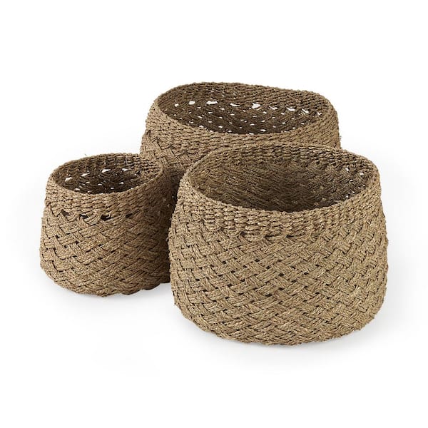 Mercana Jarek 15.0 in. L x 15.0 in. W x 11.8 in. H (Set of 3) Medium Brown Seagrass Basket Cross Weave Round Basket