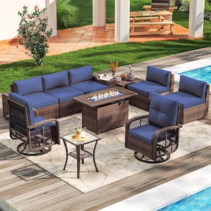 10-Piece Outdoor Rattan Wicker Patio Conversation Set with Fire Pit Table Swivel Chairs Blue Cushions