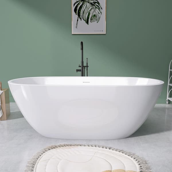 Ema 65 in. x 29.5 in. Acrylic Flatbottom Freestanding Soaking Bathtub with Pop-Up Drain in Glossy White Bathroom Tub
