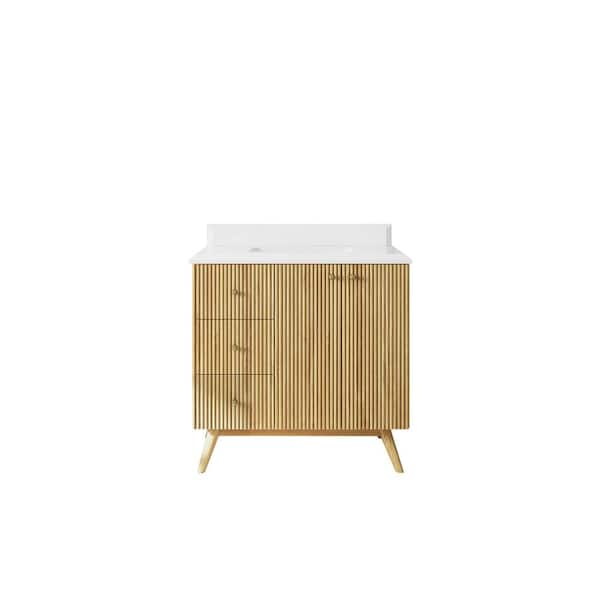 Willow Collections Pasadena Teak 36 in. W x 22 in. D x 36 in. H Single Sink Bath Vanity Center in Light Teak with 1.5 in. White Quartz Top