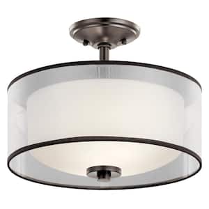 Tallie 2-Light Mission Bronze Drum Hallway Semi-Flush Mount Ceiling Light with Translucent Organza Outer Shade
