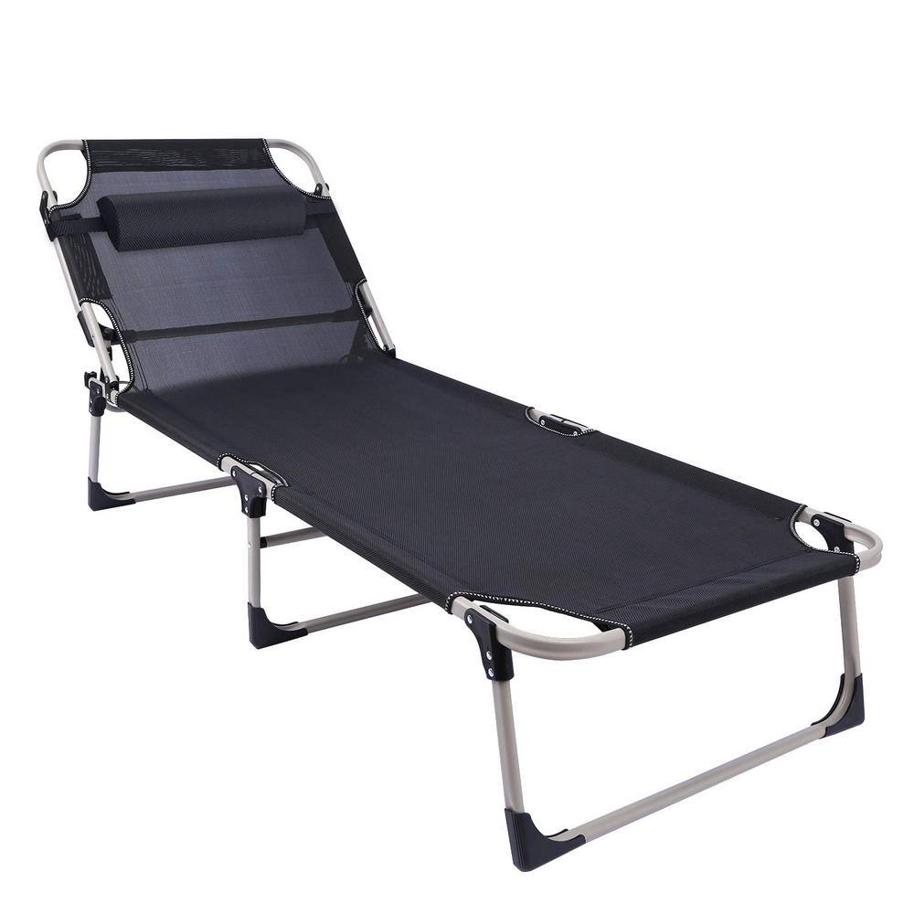 Adult Folding Camp Bed, Adjustable 4 Position Recliner with Pillow, Portable Sleeper Black