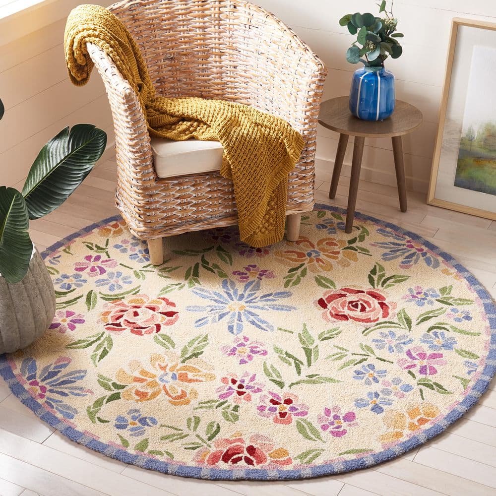 Elegant Ivory Floral Handmade Wool 8' x 8' Round Rug