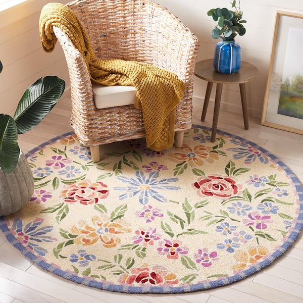 Chelsea Ivory 8 ft. x 8 ft. Solid Color Floral Border Round Area Rug
