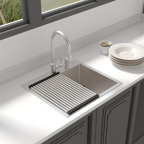16-Gauge 25 in. Stainless Steel Single Bowl Drop-In Kitchen Sink with Bottom Grid and Strainer