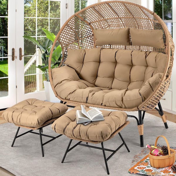 2-Person Brown Double PE Wicker Outdoor Lounge Egg Chair with Brown Cushion and 2 Pcs Ottoman