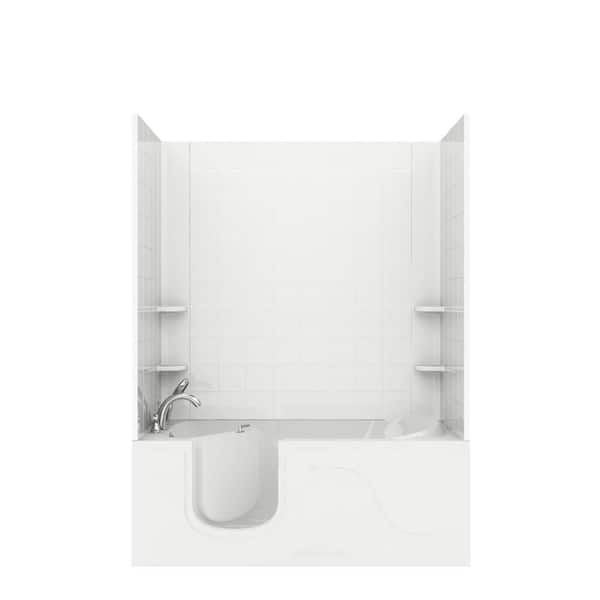 Rampart Step In 5 ft. Walk-in Whirlpool Bathtub with 6 in. Tile Easy Up Adhesive Wall Surround in White