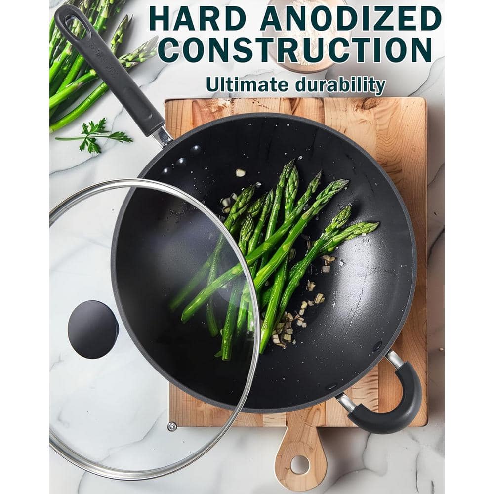 12-Inch Black Hard Anodized Nonstick Wok with Lid