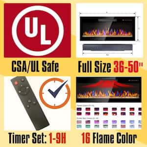 50 in. Wall Mounted Ultra Thin Tempered Glass Front Smart Electric Fireplace with Remote and Multi-Color Flame in Black