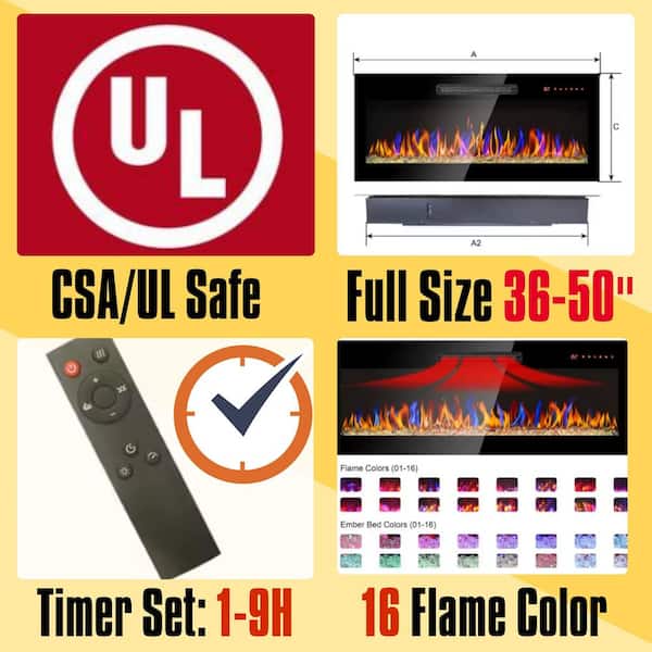 50 in. Wall Mounted Ultra Thin Tempered Glass Front Smart Electric Fireplace with Remote and Multi-Color Flame in Black