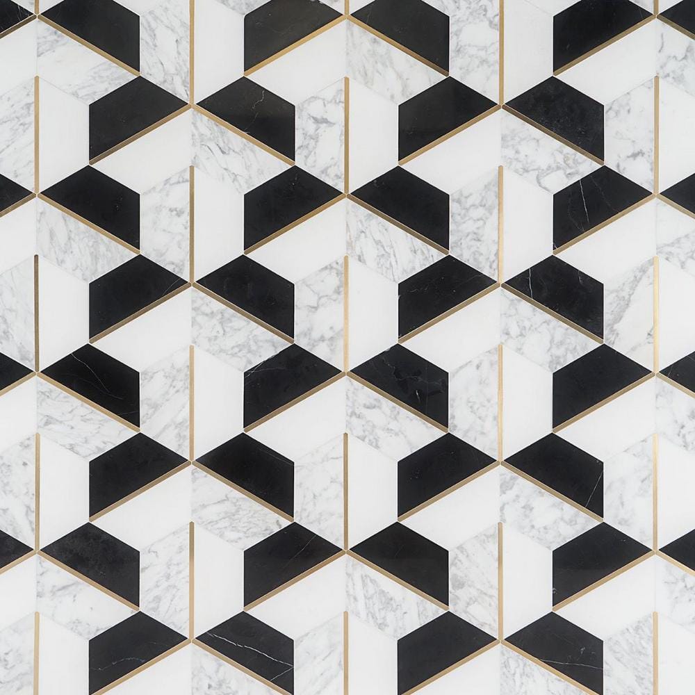 Millenium Nero Polished Marble and Brass Hexagon Mosaic Tile