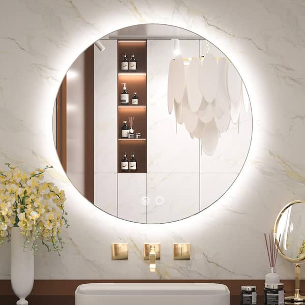 KeonJinn 24 in. W x 24 in. H Round Frameless Dimmable Super Bright LED Anti-Fog Wall Mount Bathroom Vanity Mirror with Backlit
