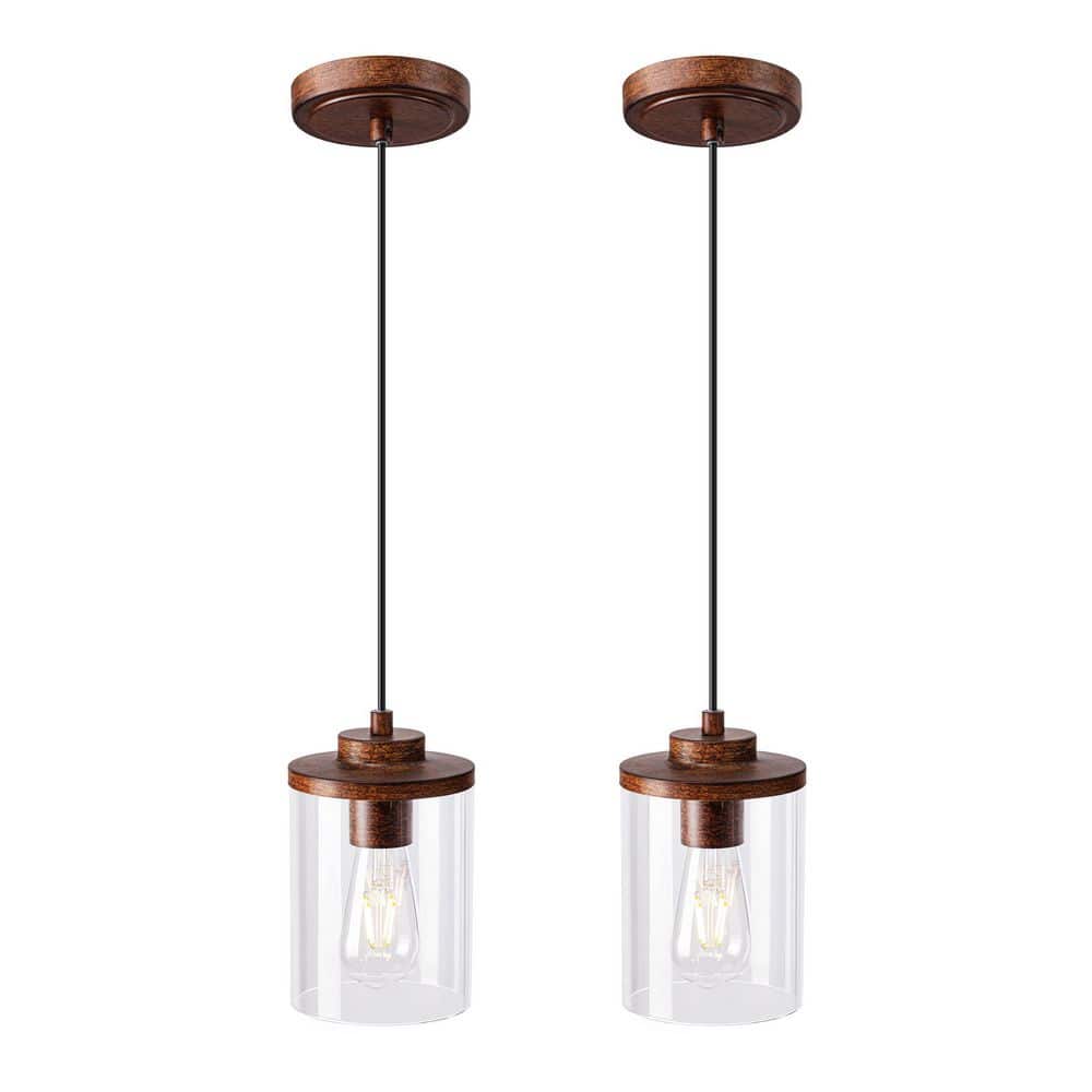 Vintage 60-Watt 2 Lights Walnut Paint Pendant Light with Column Glass Shade, No Bulbs Included, Adjustable Hanging Cord price history on PriceWatchPro
