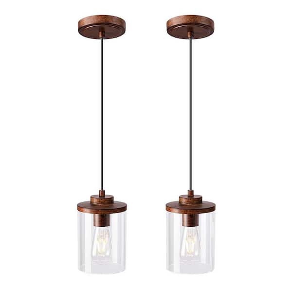 Vintage 60-Watt 2 Lights Walnut Paint Pendant Light with Column Glass Shade, No Bulbs Included, Adjustable Hanging Cord