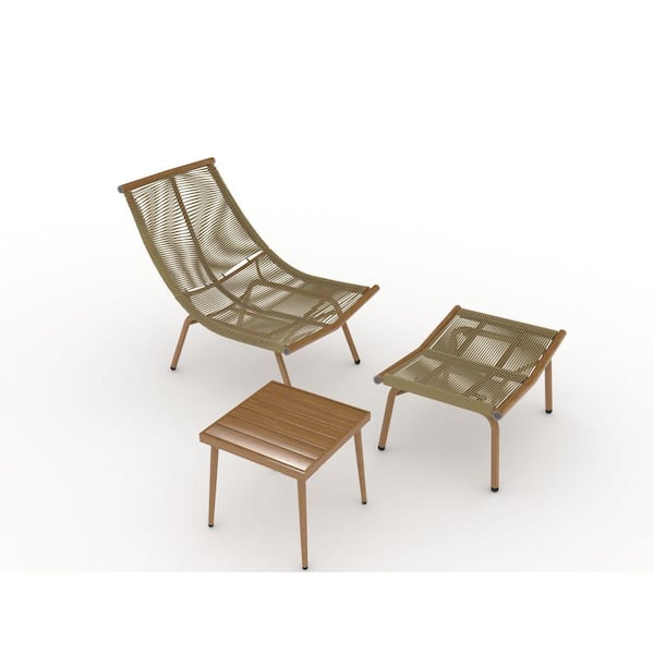Zeus & Ruta Wood-Color Metal Outdoor Chaise Lounge with Khaki Cushions, Table for Break Garden Party Sunbathing Indoor