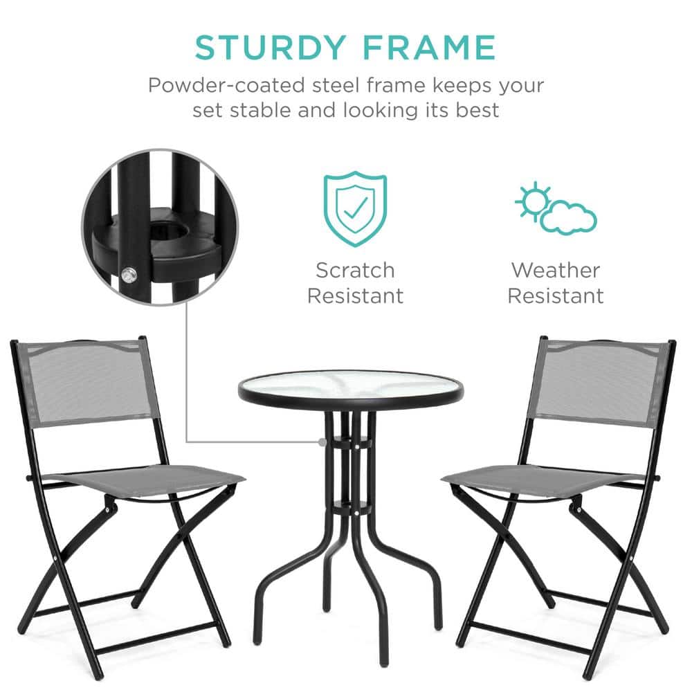 Gray 3-Piece Patio Bistro Set with Glass Tabletop and Folding Chairs